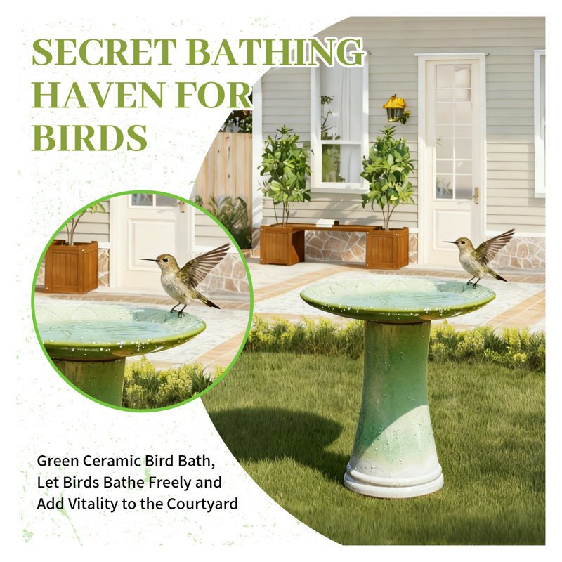 Bain d'oiseaux en céramique vert 17 po Ombre - Élégant bain d'oiseaux sur piédestal avec motif floral