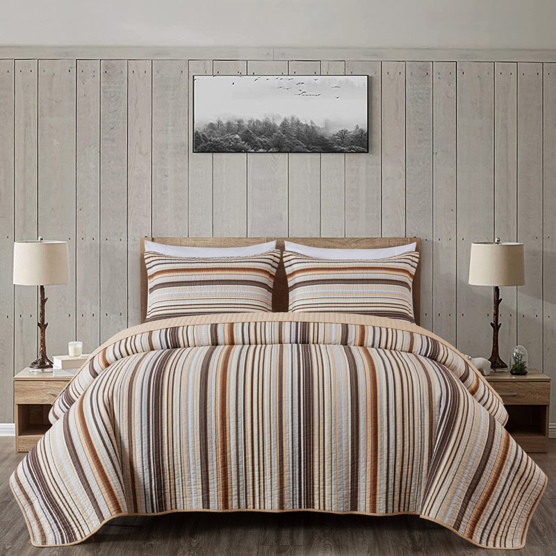 Avery Striped Pre-Washed Cotton Quilt Set, Brown/Cream/Gray, Oversized King Quilt + 2 King Shams