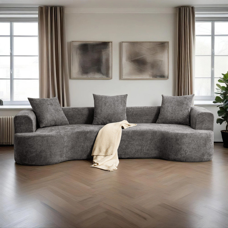 Canapé incurvé moderne avec 3 coussins Modern, Mélange de lin gris
