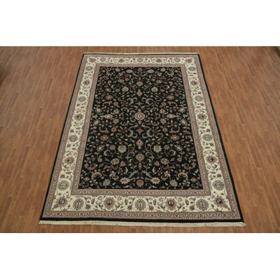 Luxurious Black and Ivory Rug with Classic Paisley Patterns and Borders 10x14