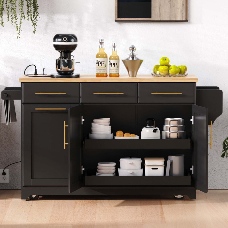 K&K 59.3" Kitchen Island With Storage 2 Pull Out Cabinet Organizers & Rubber Wood Drop Leaf, Rolling Kitchen Island With Trash Can Storage, Power Outlet, Spice & Towel Rack For Kitchen, Dining, Black