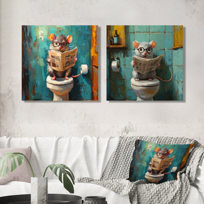 Souris avec des lunettes dans la toilette I - Art mural animal souris - ensemble d'art mural moderne 2 pièces