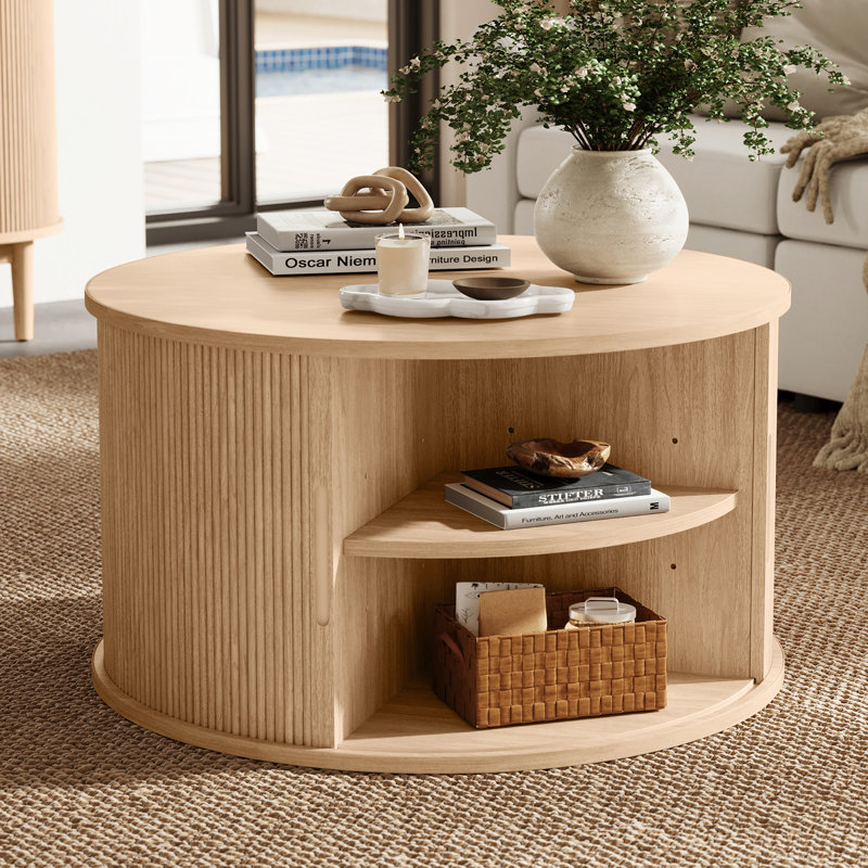 Table basse ronde avec grand rangement Leathia, Oak, Standard Top/1 Cabinet