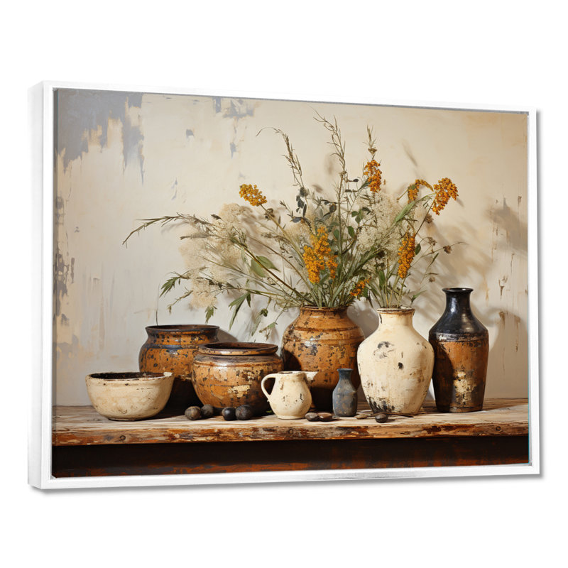 Art floral brun sur poterie rétro, H 24 po x l 32 po, Reproduction avec cadre flottant, Blanc