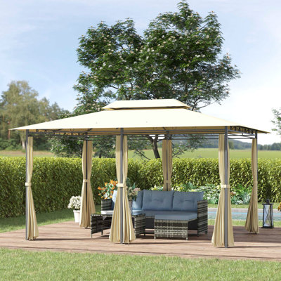 10' X 13' Gazebo With Vented Roof, Steel Frame, Curtains, White For Garden, Deck Area Patio Top, Cream Lawn, Backyard,