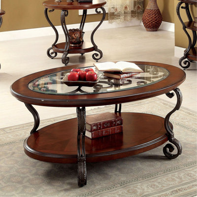 Table basse, meuble de salon en cerisier brun traditionnel avec tablette inférieure ouverte