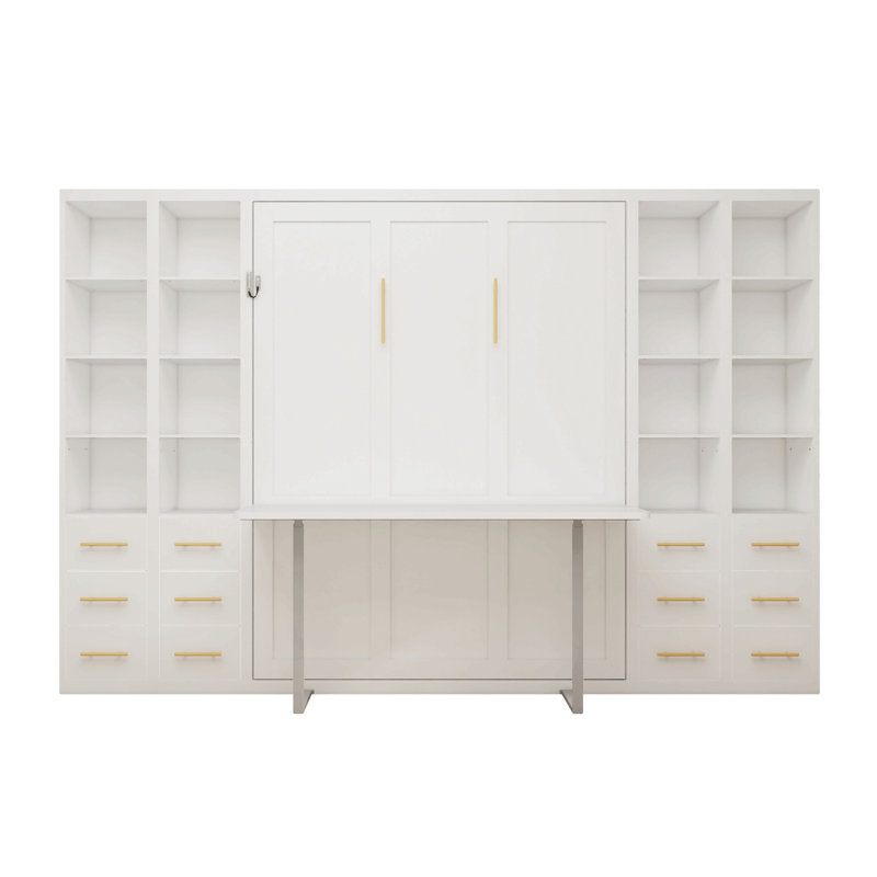 Lit escamotable intégré multifonctionnel avec bibliothèque de bureau pour salle d'étude - Design pliant invisible, lit mural peu encombrant, blanc