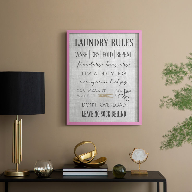 Neutral Laundry Rules Framed Print - Solid Wood, Pink, 11" H x 9" W