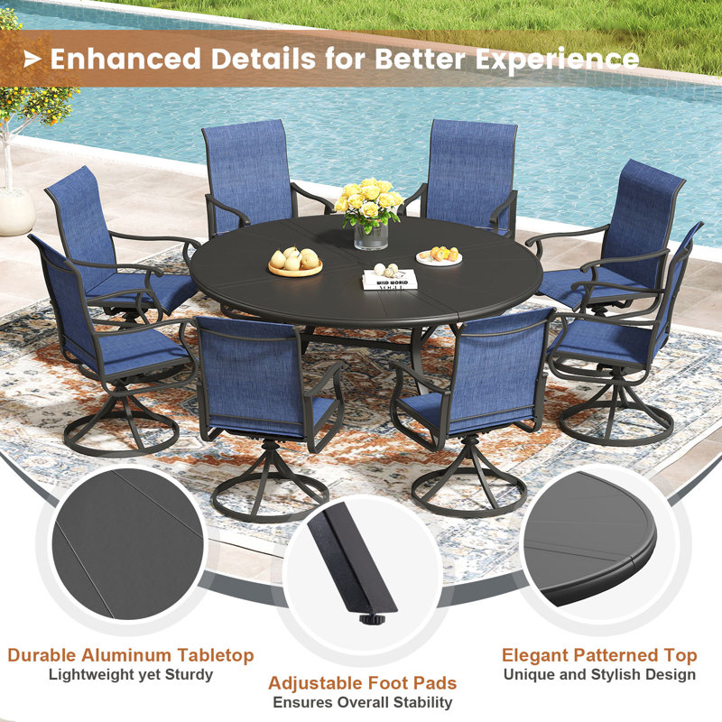 8 Person Round Patio Dining Set with 60" Round Aluminum Dining Table and 8 PVC-coated polyester Swivel Chairs, Black/Blue