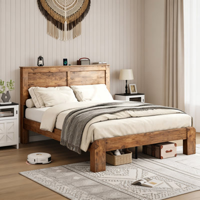 Cadre de lit plateforme en bois de ferme avec design silencieux et grand rangement sous le lit, aucun sommier tapissier nécessaire
