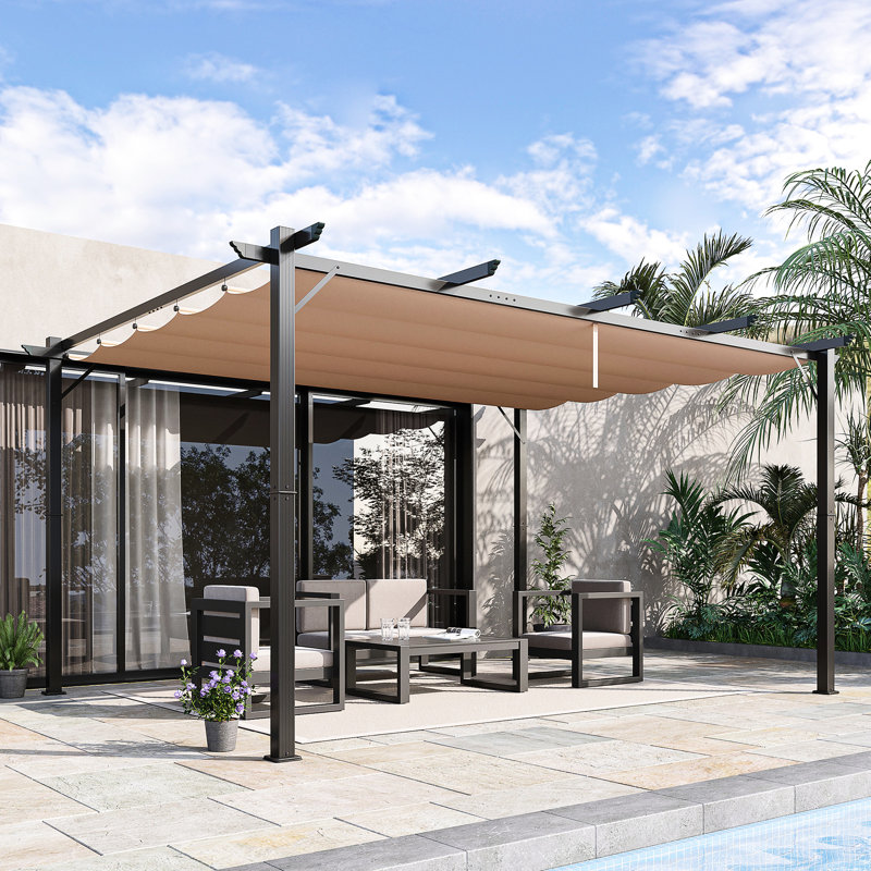 10' X 13' Pergola With Sliding Canopy - Backyard Shade For Patio, Outdoor Celebration, Garden, Grill Gazebo Charcoal Gray Aluminum Retractable Porch, Party,