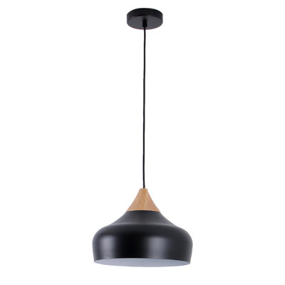 Luminaire suspendu 13 po noir mat à 1 lumière avec plateau en bois massif, plafonnier moderne réglable avec abat-jour en métal