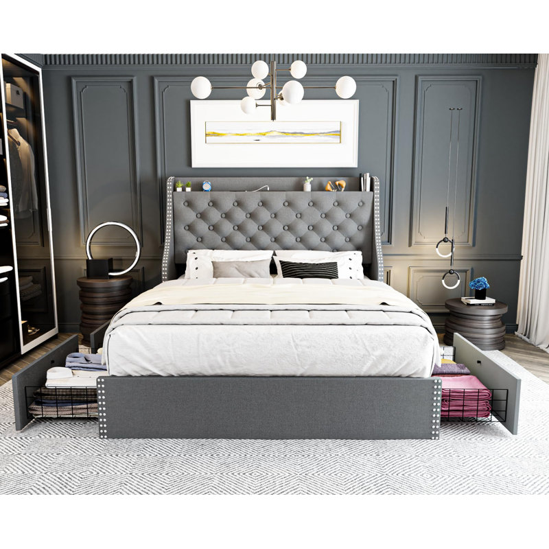 Bed With 4 Storage Drawers And Headboard, Queen, Gray
