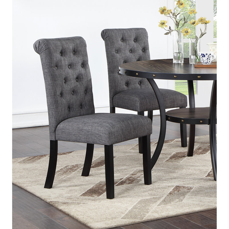 Chaises de salle à manger en tissu de 2, style transitionnel avec coussin en mousse et chaises à dossier roulé, coussin de siège rembourré