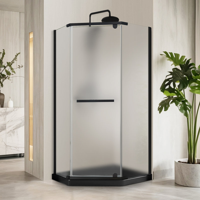 38" W x 38" D x 72" H Semi-Frameless Neo-angle Shower Door with Towel Bar and Fixed Panel, Matte Black, Frosted