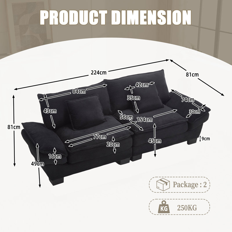 2 Seater Corduroy Loveseat, Black Corduroy