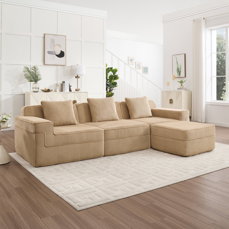 Modular 3 Seat L Shape Sectional Boneless Sofa, Cloud Sectional Couch With Deep Seat, Modern Modular 3-Seat Sofa Couch With Throw Pillows And 1 Movable Ottoman, Corduroy Fabric Camel