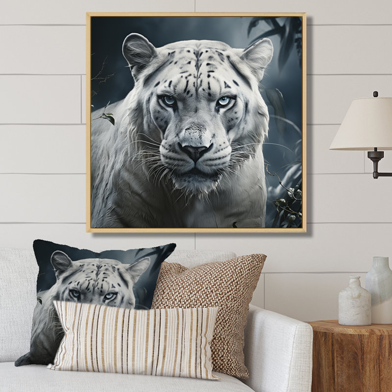 Léopard blanc et gris dans la jungle - art mural animal léopard / guépard, Cadre flottant brun, H 30 po x l 30 po x P 1,5 po