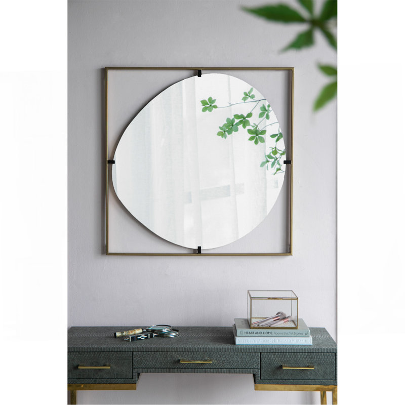 Contemporary Bathroom Mirror With Gold Metal Frame And Abstract Design