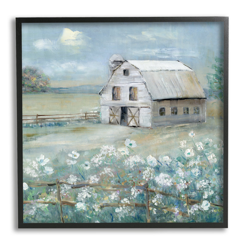 «Barn in Floral Meadow» par Sally Swatland, reproduction d'art sur toile, Giclée encadrée noir minuit, H 12 po x l 12 po