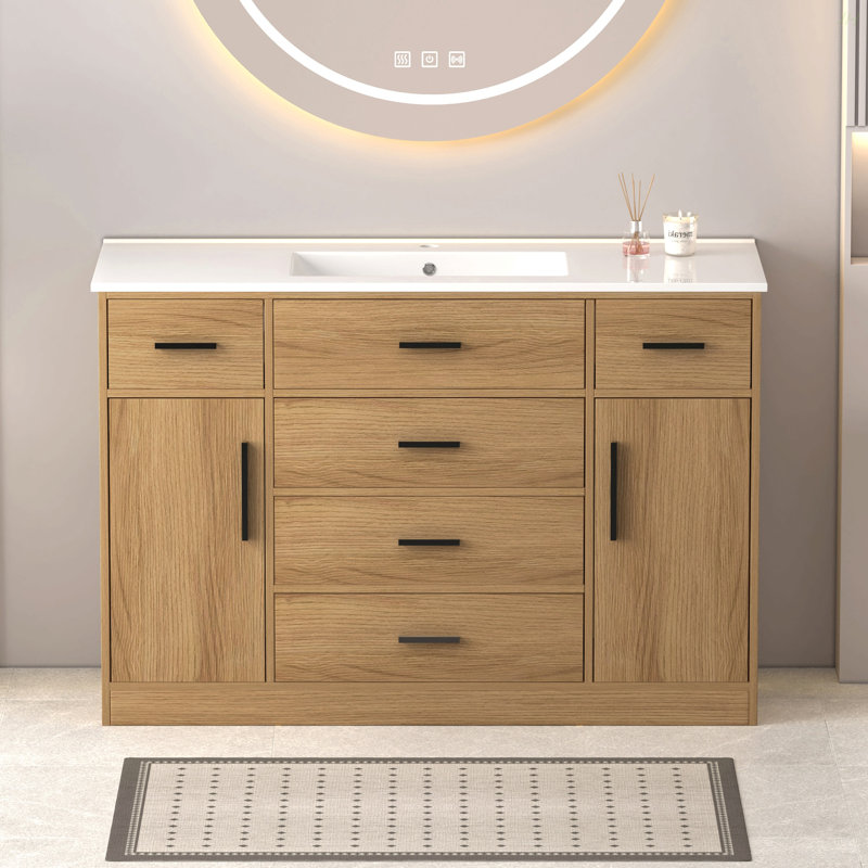 Meuble-lavabo 48 po en chêne clair. Armoire de rangement abondante - 2 portes à fermeture douce et 6 tiroirs