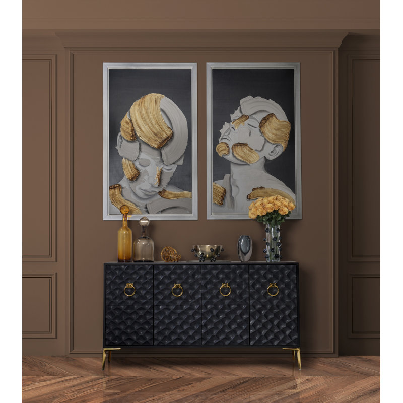 Wood, 65X35 Sideboard Cabinet Rectangle, 35"H, Textured - 65" x 16" x 35", Black/Gold