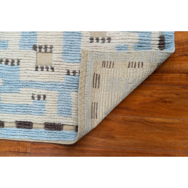 Petit tapis décoratif 3 x 5 po, tapis en laine noué à la main, tapis géométrique crème bleu clair, tapis de labyrinthe scandinave texturé moderne de style indien de luxe