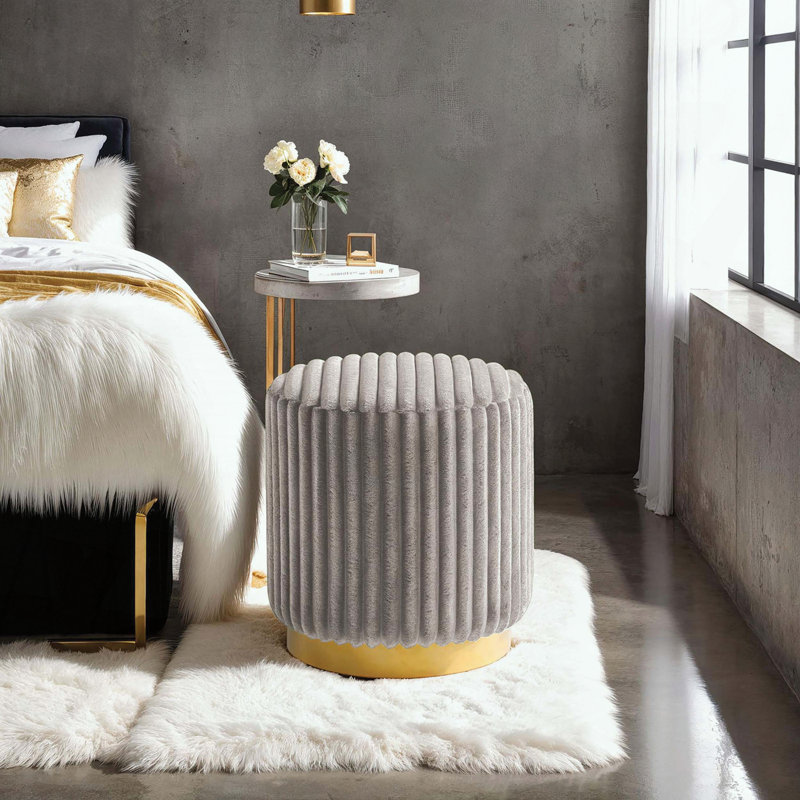 Tabouret d'appoint capitonné Channel - Tissu semblable à de la fourrure - Base en acier inoxydable, Gris