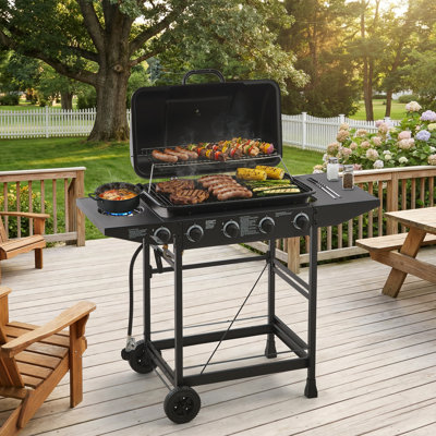 Barbecue à gaz propane 4 brûleurs avec brûleur latéral, 42000 BTU, grilles émaillées, tables pour événements extérieurs, revêtement émaillé, facile à transporter