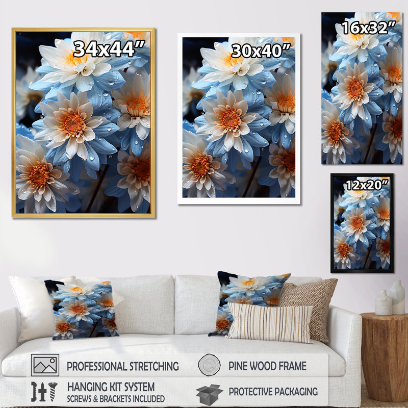 «Blue and White Daisy Bloom Serenade», reproduction sur toile, H 40 po x l 30 po x P 1,5 po, Cadre simple blanc