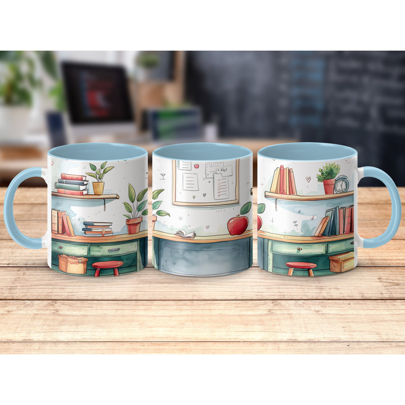 Set of 2 Kids Drawing Style 11oz Accent Mugs – Ceramic Coffee Cups with a Light Blue Handle and Interior
