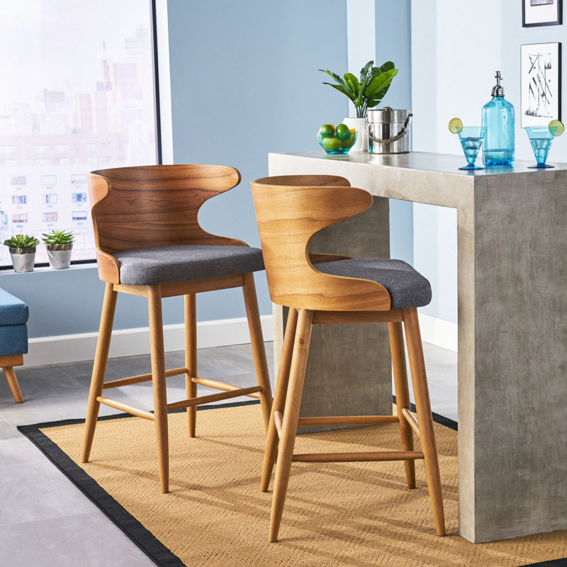 Ensemble de 2 chaises de bar de style Mid-Century, tissu gris, bois d'hévéa, 41 po, rembourré, 41 po