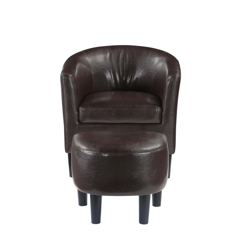 Anges Faux Leather Barrel Chair with Ottoman, Espresso Faux Leather