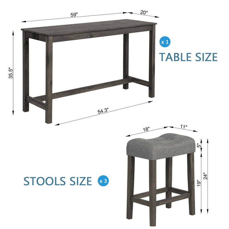 4-Piece Modern Bar Table Set with Built-in Power Outlet Sofa Behind Couch Table & 3 Padded Stools Dark Grey Upholstery Sturdy Metal Frame for Living Room, Dining & Home Office