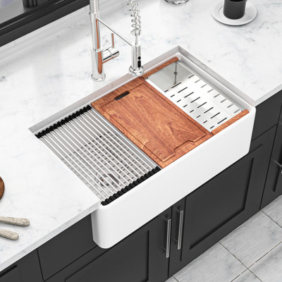 Ceramic Double Bowl Kitchen Sink 33 Inch - White, , To Scratches, Workstation White Easy Clean, And Scratches