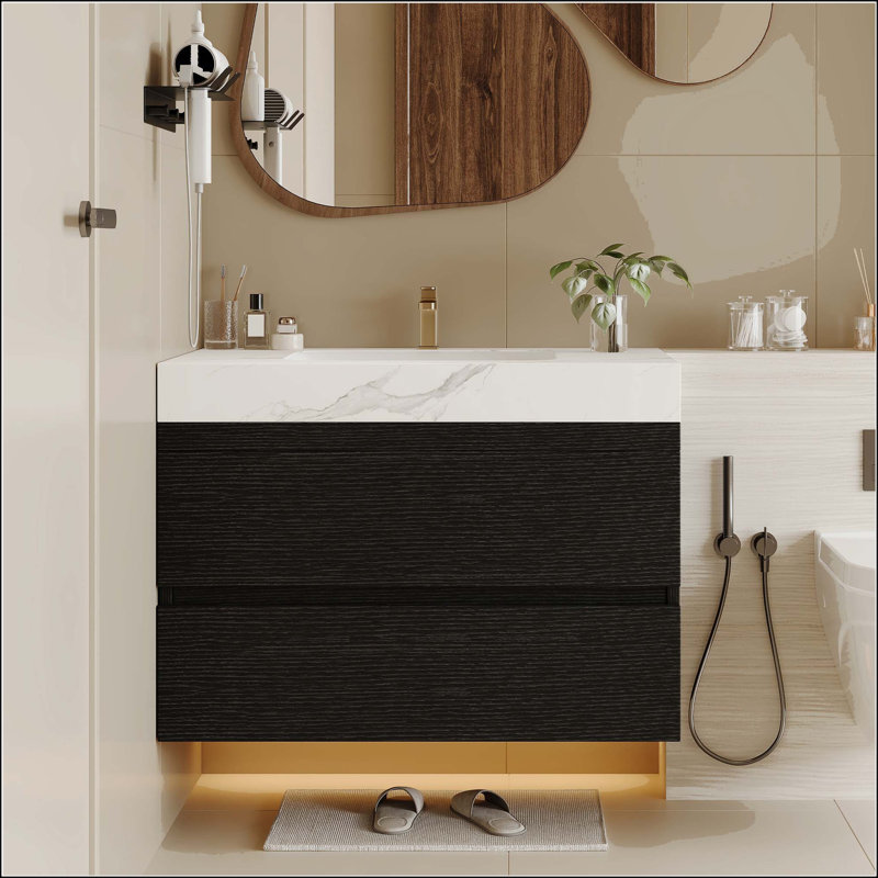 Meuble-lavabo mural 29,9 po avec plateau en faux marbre et tiroirs, Black, White