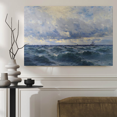 Framed Canvas Wall Art, Ocean waves churn under a cloudy sky, with sailboats navigating the horizon. [Impressionist oil painting style]. Wall Decor, Large Artwork for Living Room Bedroom, Ready to Hang, 36x24Inch