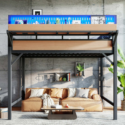 Structure de lit mezzanine en métal avec tablettes de rangement, charge USB et éclairage DEL