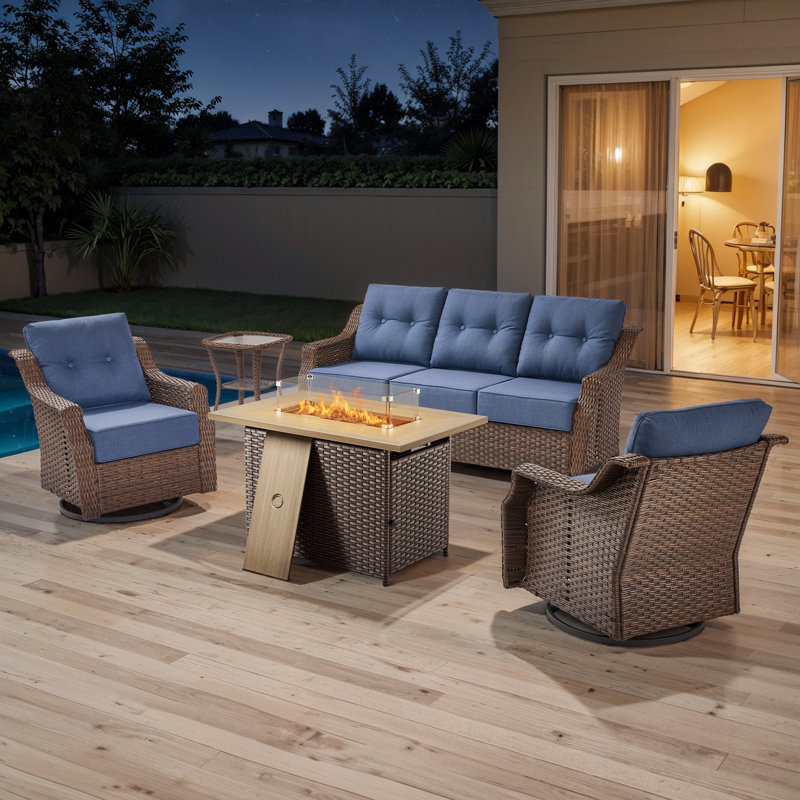 Acton 5 - Pieces Outdoor Wicker Sofa Seating Group With 6" Thick Cushions And Fire Pit, Blue