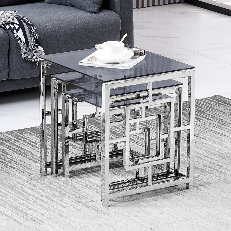 Broadoaks Classic 3 - Piece Stainless Steel Nest Of Tables With Tempered Glass Top For Living Room, Dark Top/Chrome Base