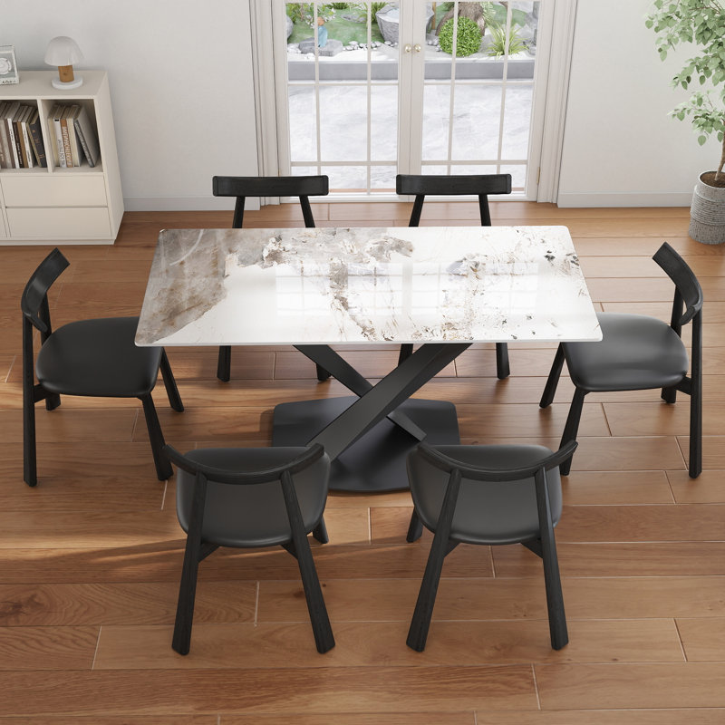 Ensemble de table de salle à manger 7 pièces 7 pièces avec 6 chaises en similicuir, Noir, Pandora