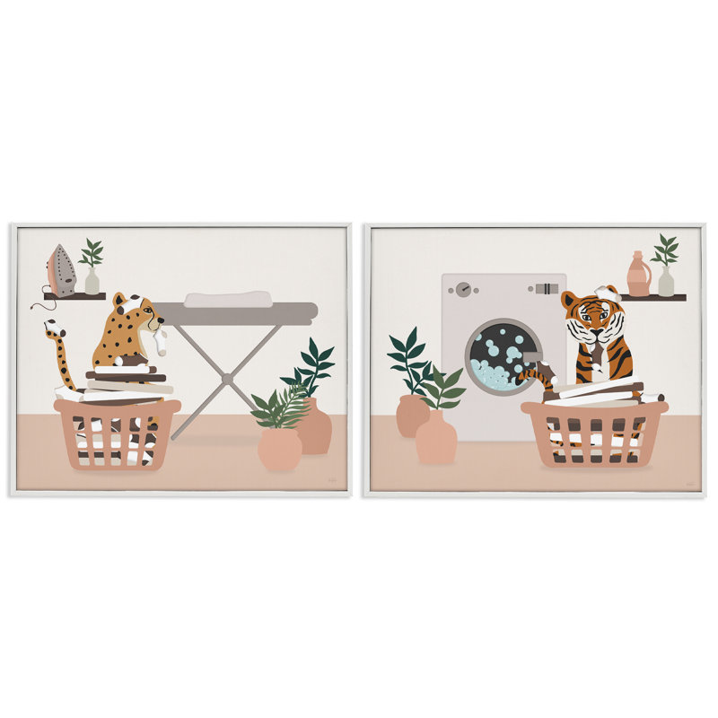 Wild Jungle Cats & Laundry, ensemble de 2 giclées encadrées, design par Natalie Carpentieri, H 11 po x l 28 po