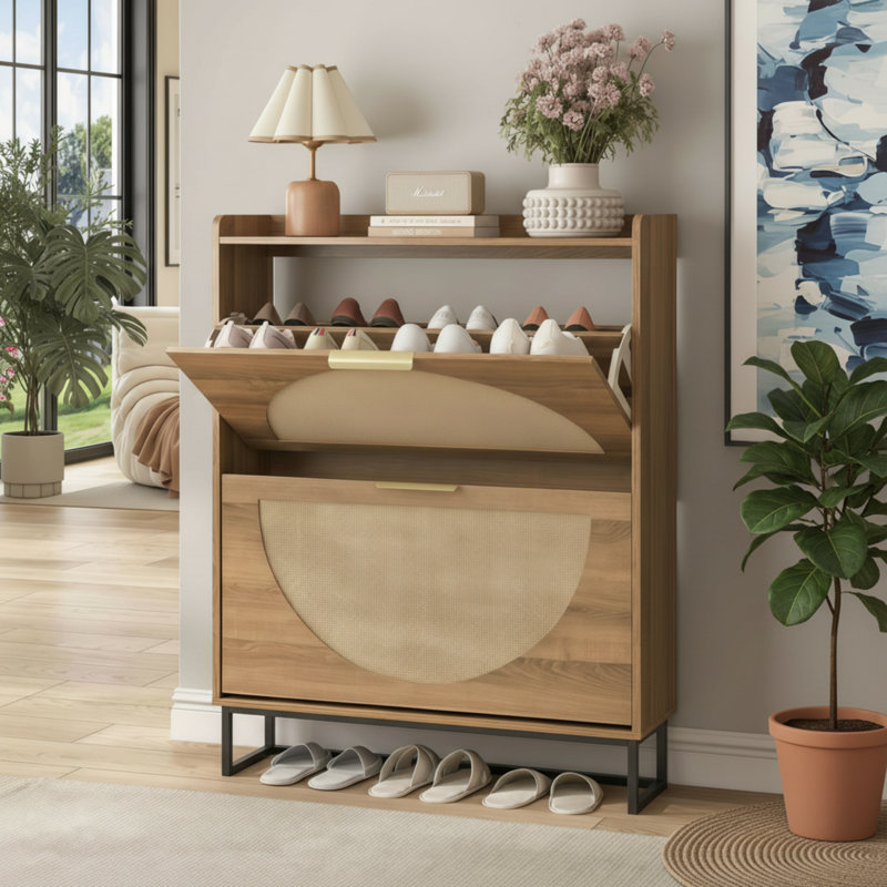 Country-Style Oak And Rattan Narrow Shoe Cabinet, 2 Flip-Top Drawers + Concealed Gold Handles, Metal Legs, Freestanding Design For The Entryway.