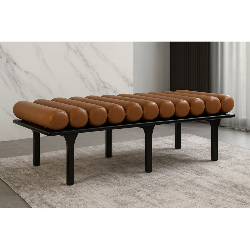 Landon Boutis Faux Leather Upholstered Bench, Cognac Vegan Leather, Black