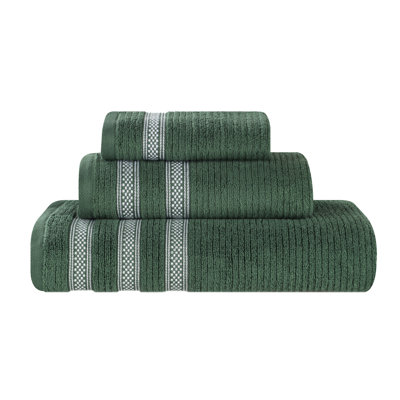 Hershal Zero Twist Cotton Ribbed Modern Geometric Border Soft 3 Piece Bathroom Towel Set