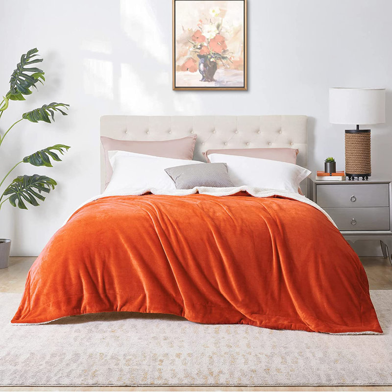 Sherpa Throw Blanket, Ultra Soft Plush Fleece, Orange, 130" W x 150" L