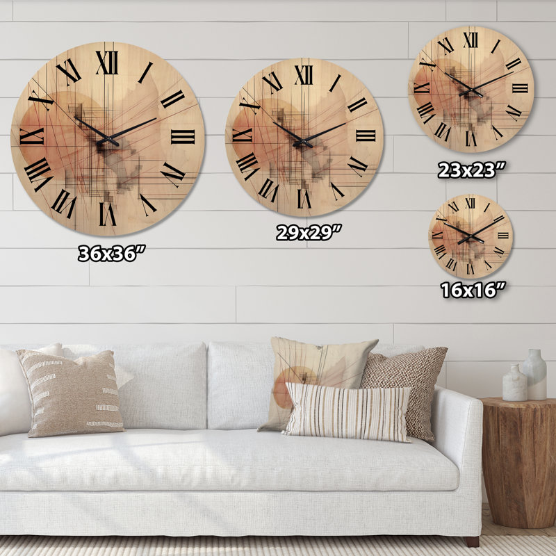 Très grande horloge murale minimaliste en bois beige et orange, Très grand