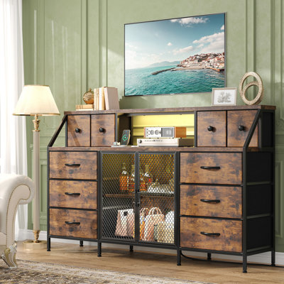 Commode à 10 tiroirs de 55 po pour chambre avec porte grillagée, éclairage à DEL et prises de courant