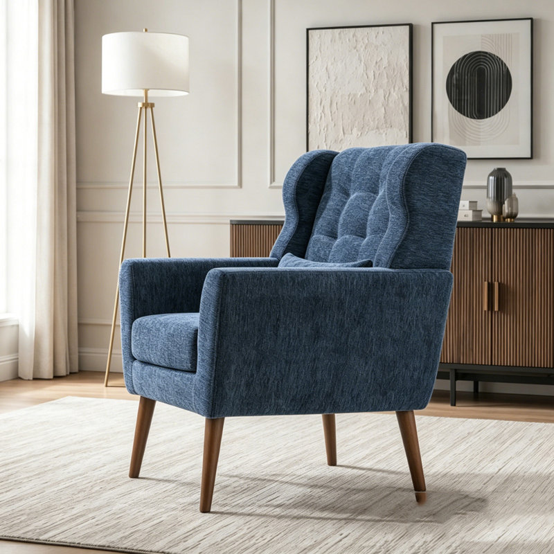 Fauteuil d'appoint en chenille bleu foncé avec coussin lombaire et pieds en bois, Chenille bleu foncé