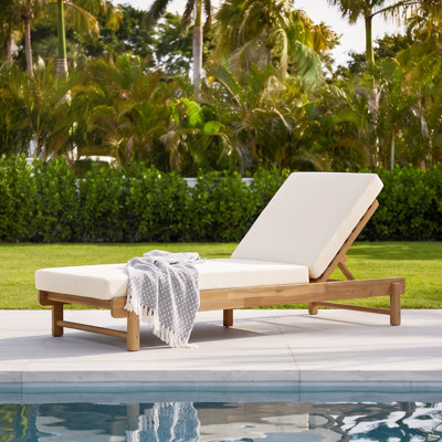 Senda Outdoor Acacia Wood Chaise Lounge with 3-Position Adjustable Backrest & Cushion